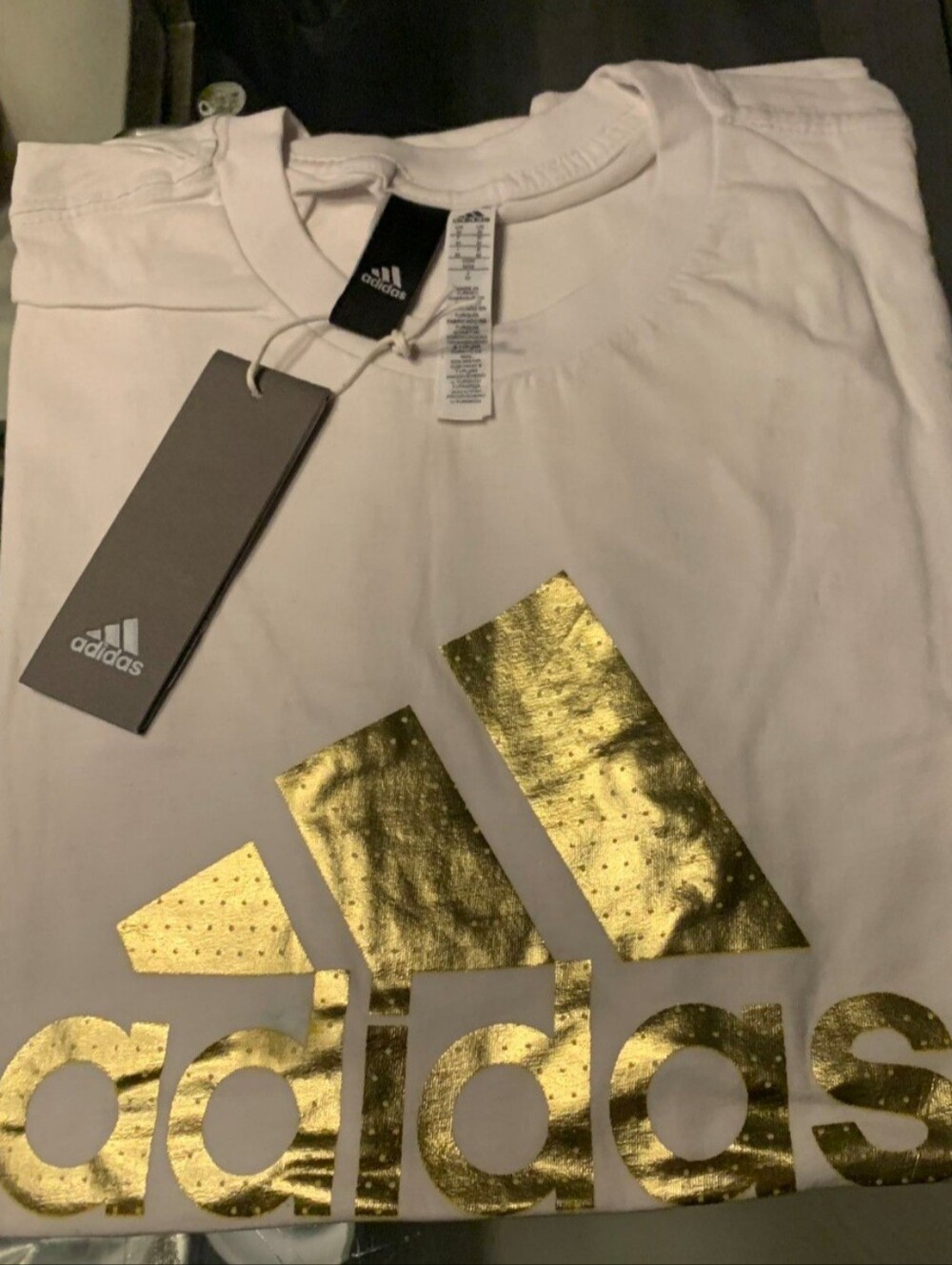 adidas White Short-Sleeve Tee with Metallic Gold Logo